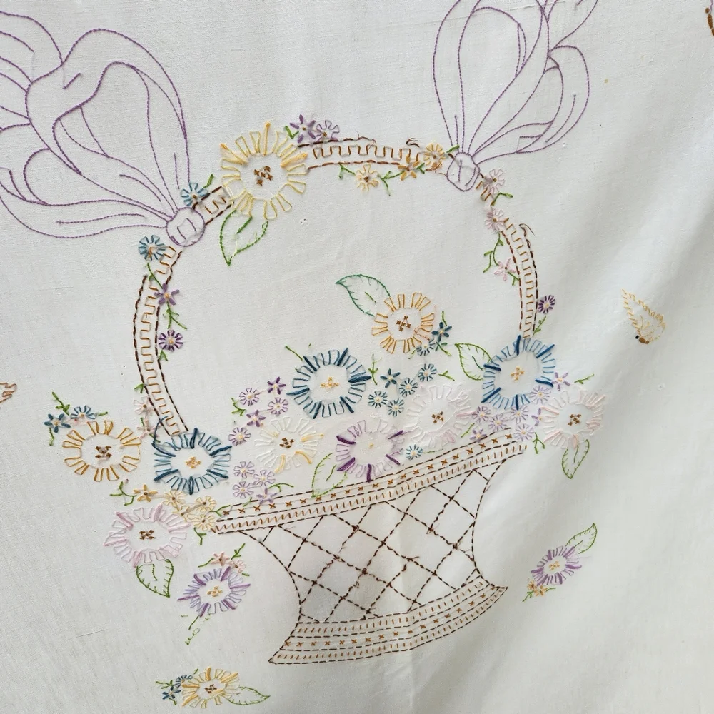 Antique White Comforter with Purple Trim and Multi-Color Floral Embroidery
